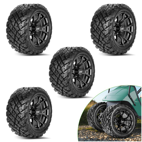12"/14" Golf Cart Wheels and Tires Set (4-Pack) – All-Terrain/Street Tires w/ SS Caps – Fits EZGO, Club Car, Yamaha - 10L0L