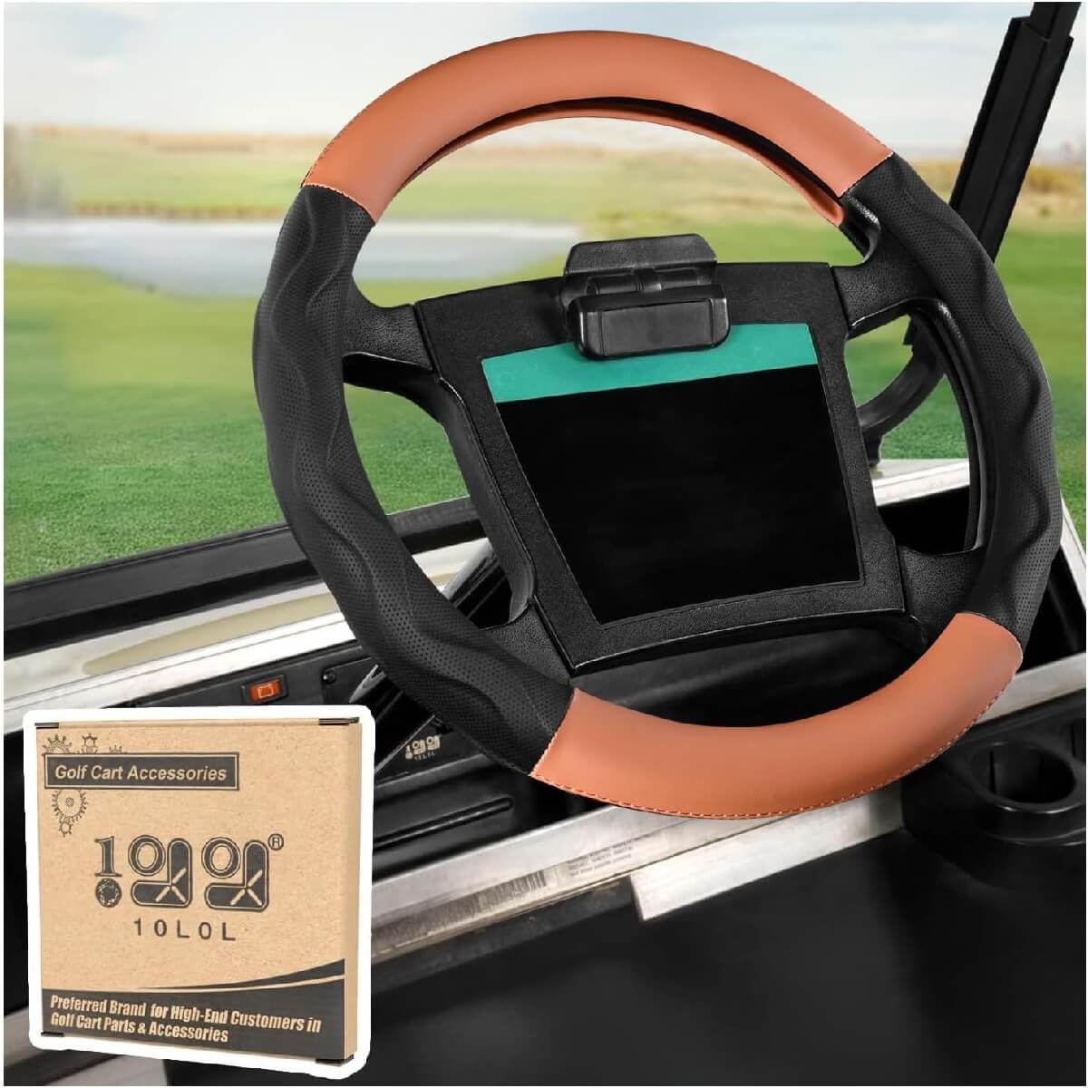 Black+Brown 10L0L Golf Cart 14" Steering Wheel Cover