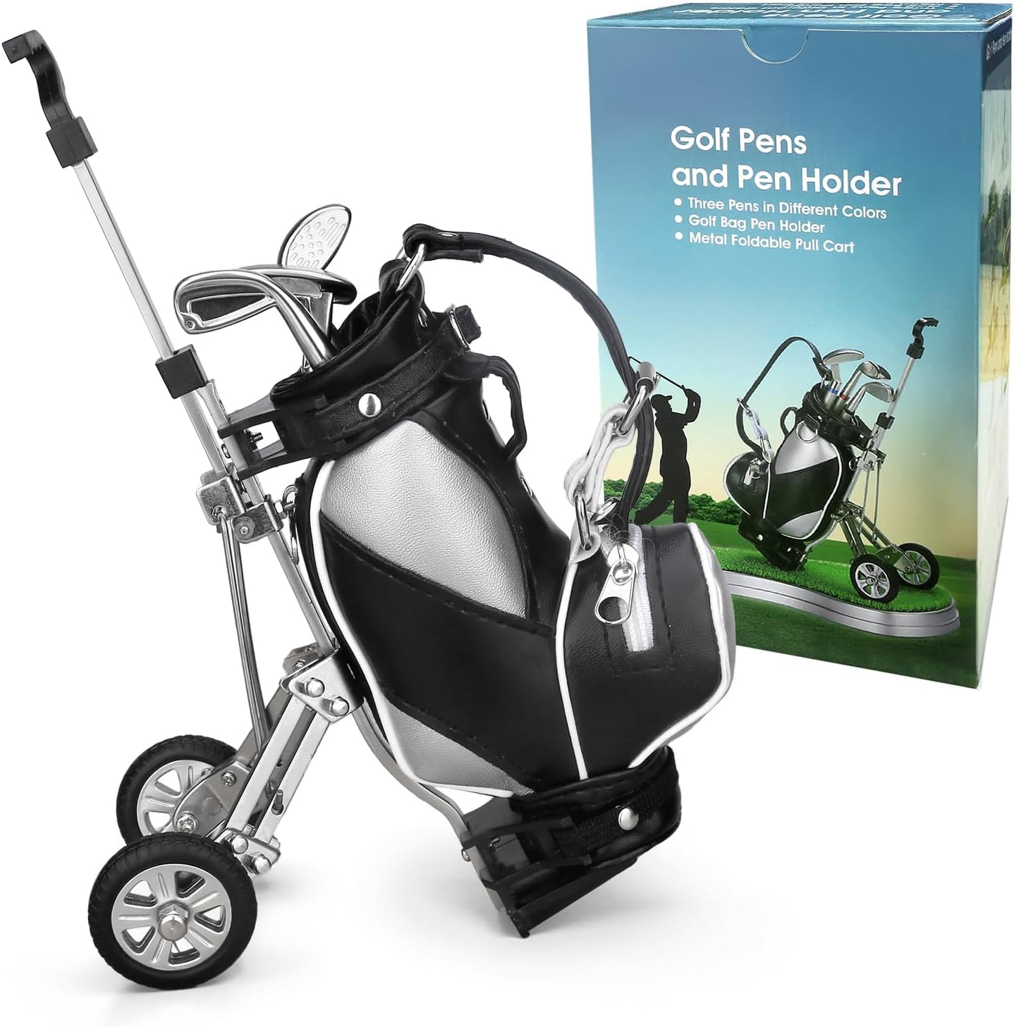 10L0L Golf Bag Pen Holder Set - 3 Club Pens with Movable Push Cart (Perfect Golf Lover Gift)