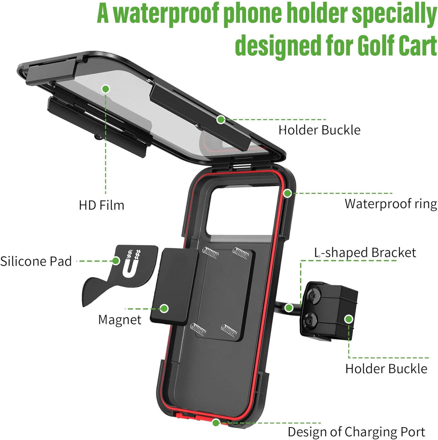 A waterproof phone holder specially designed for Golf cart