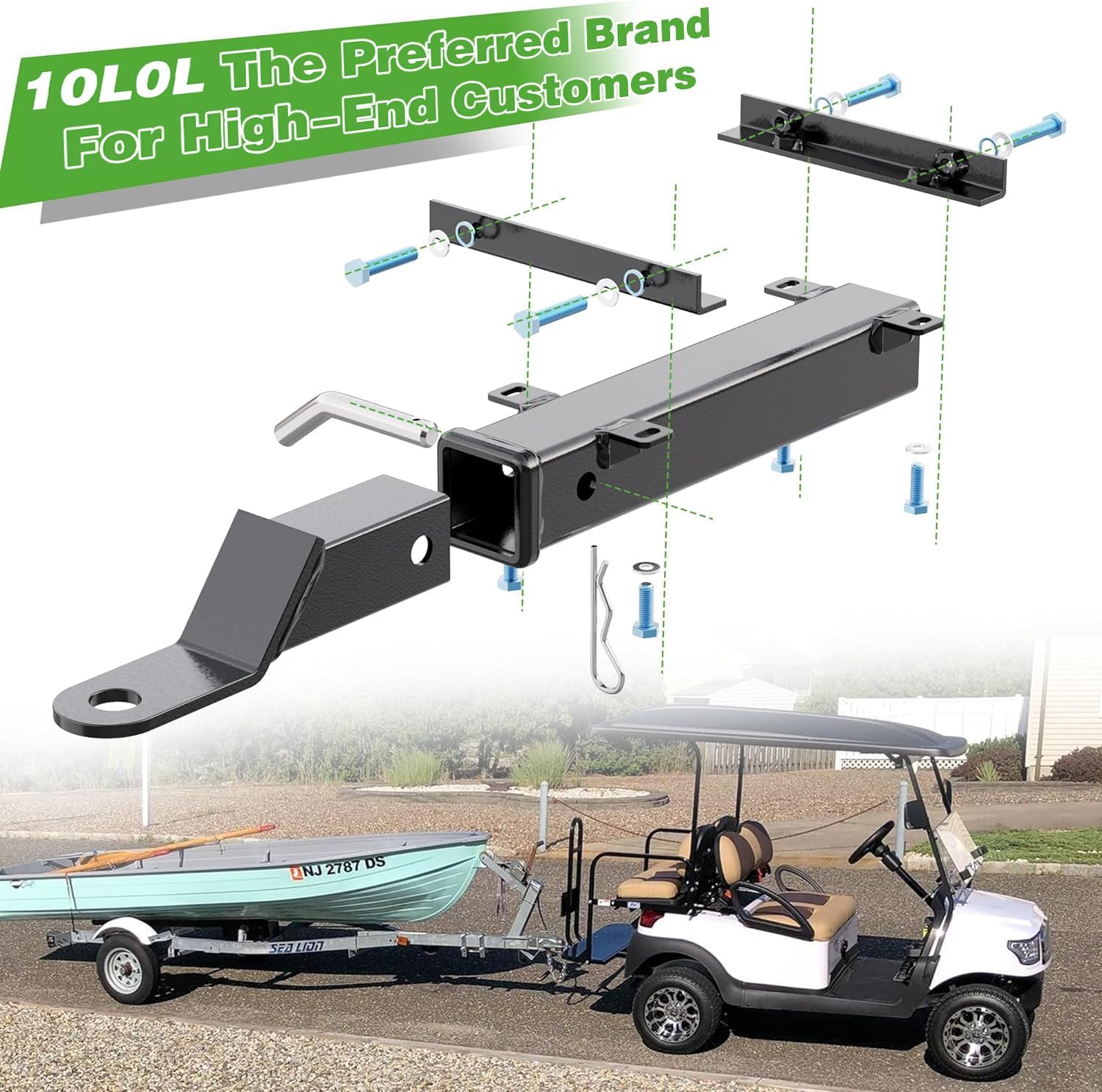 10L0L Heavy Duty Golf Cart Trailer Hitch Kit with 2" Receiver for Yamaha, EZGO, Club Car - Easy Installation