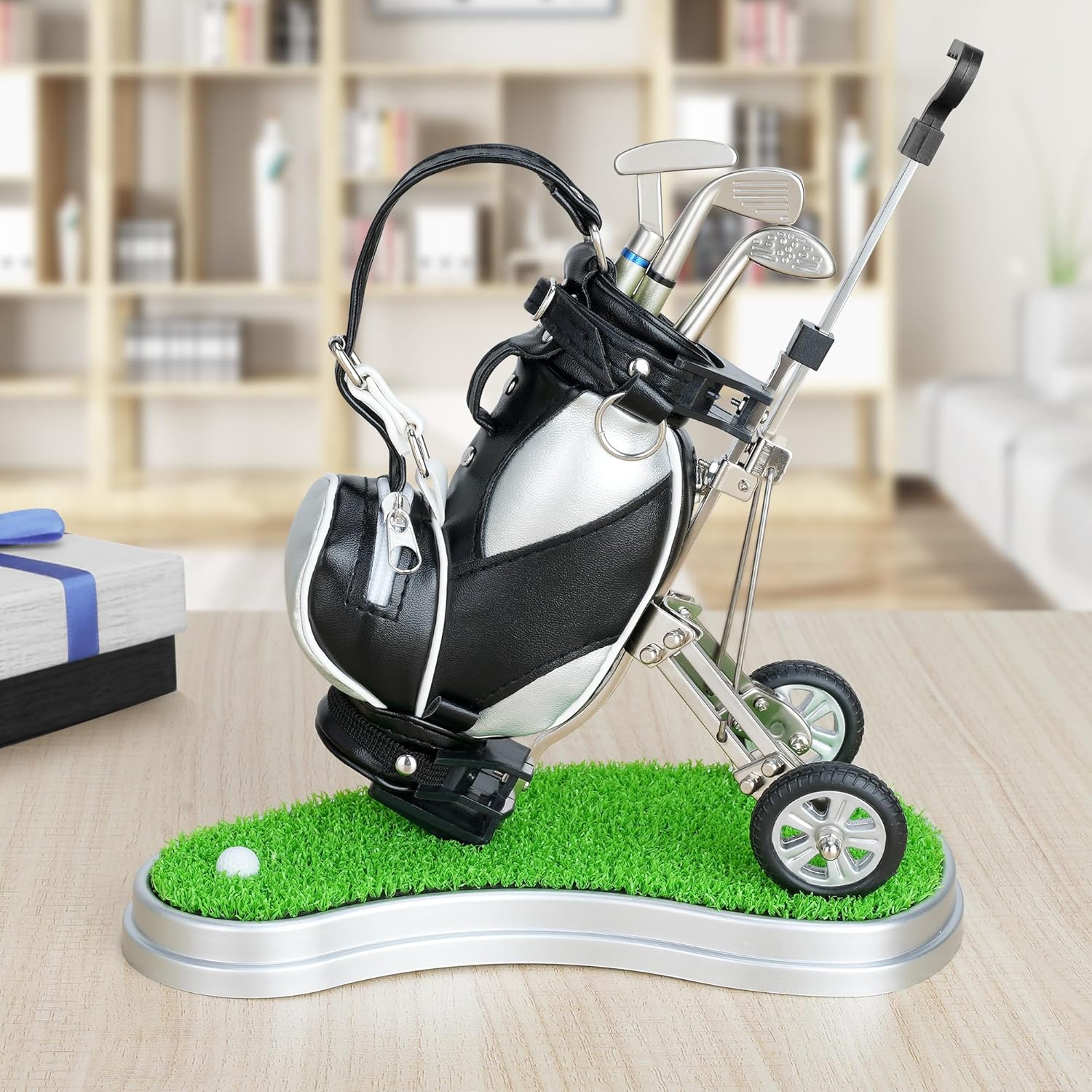 10L0L Golf Bag Pen Holder Set - 3 Club Pens with Movable Push Cart (Perfect Golf Lover Gift)