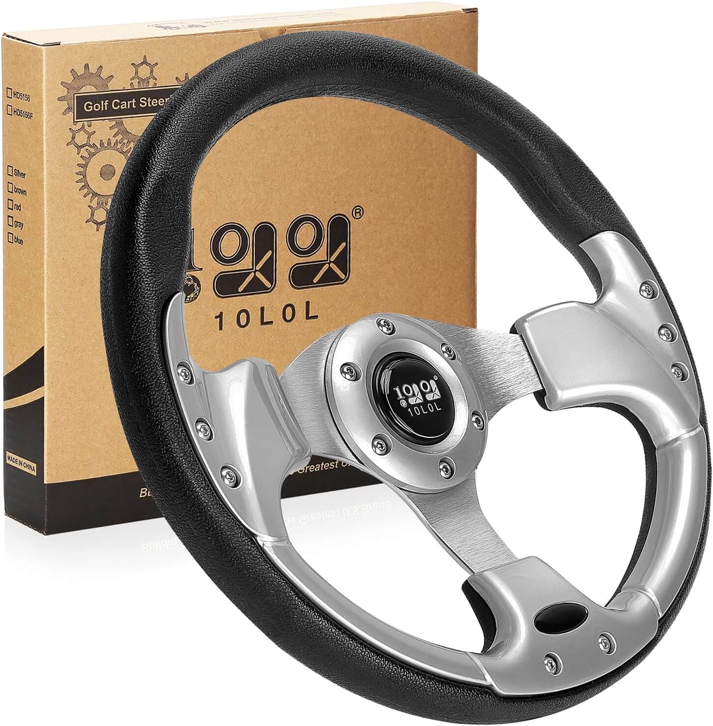 Silver golf cart steering wheel