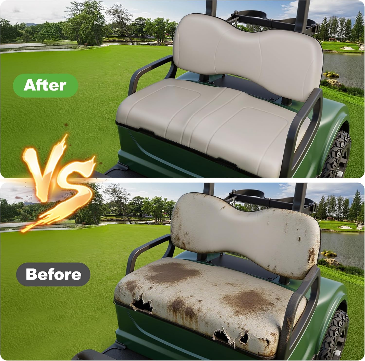 Golf cart front seat comparison between old and new