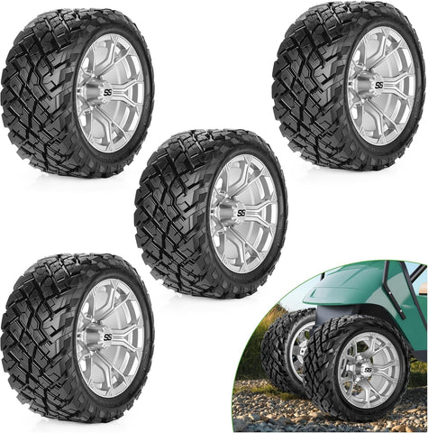 12"/14" Golf Cart Wheels and Tires Set (4-Pack) – All-Terrain/Street Tires w/ SS Caps – Fits EZGO, Club Car, Yamaha - 10L0L