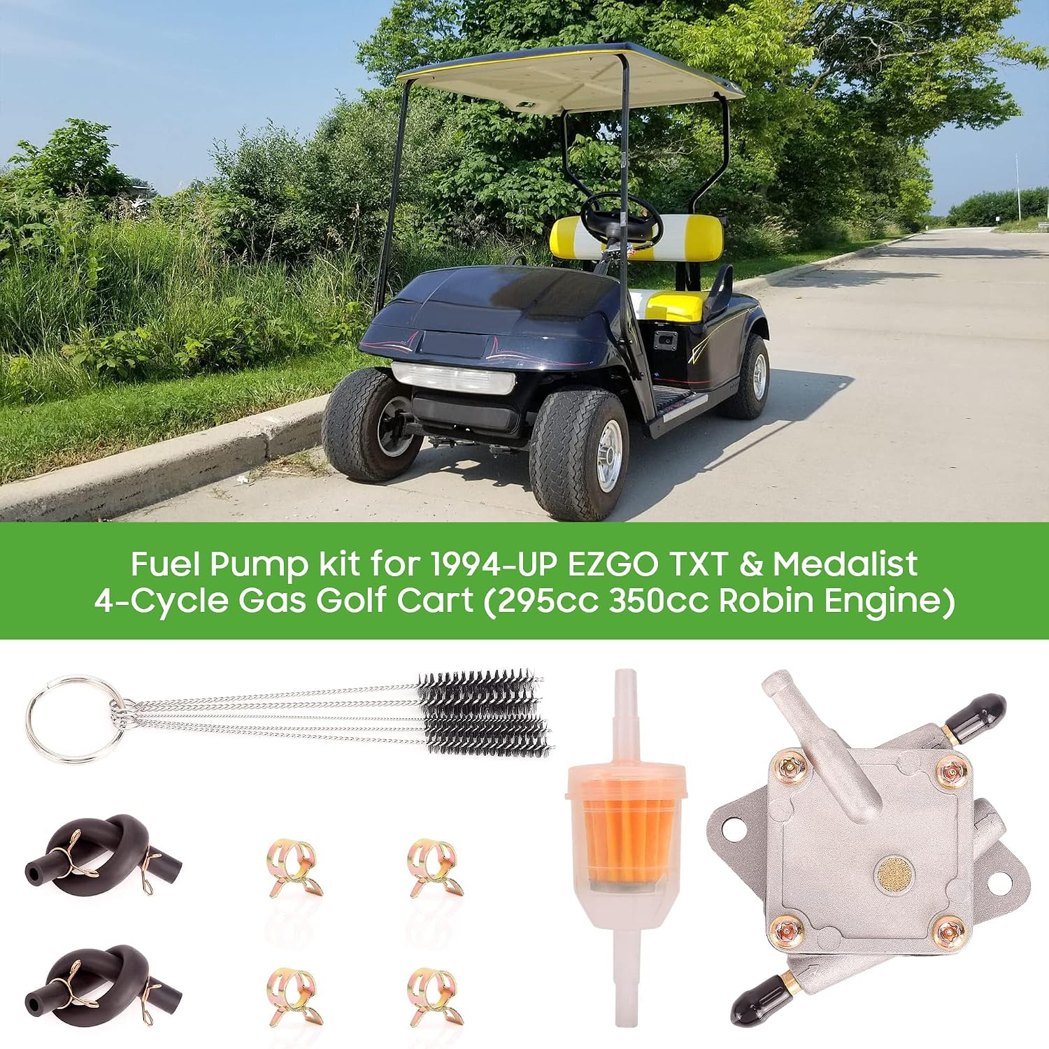 Fuel pump kit for 1994-2003 EZGO TXT & Medalist gas golf carts with 295cc or 350cc Robin engines.