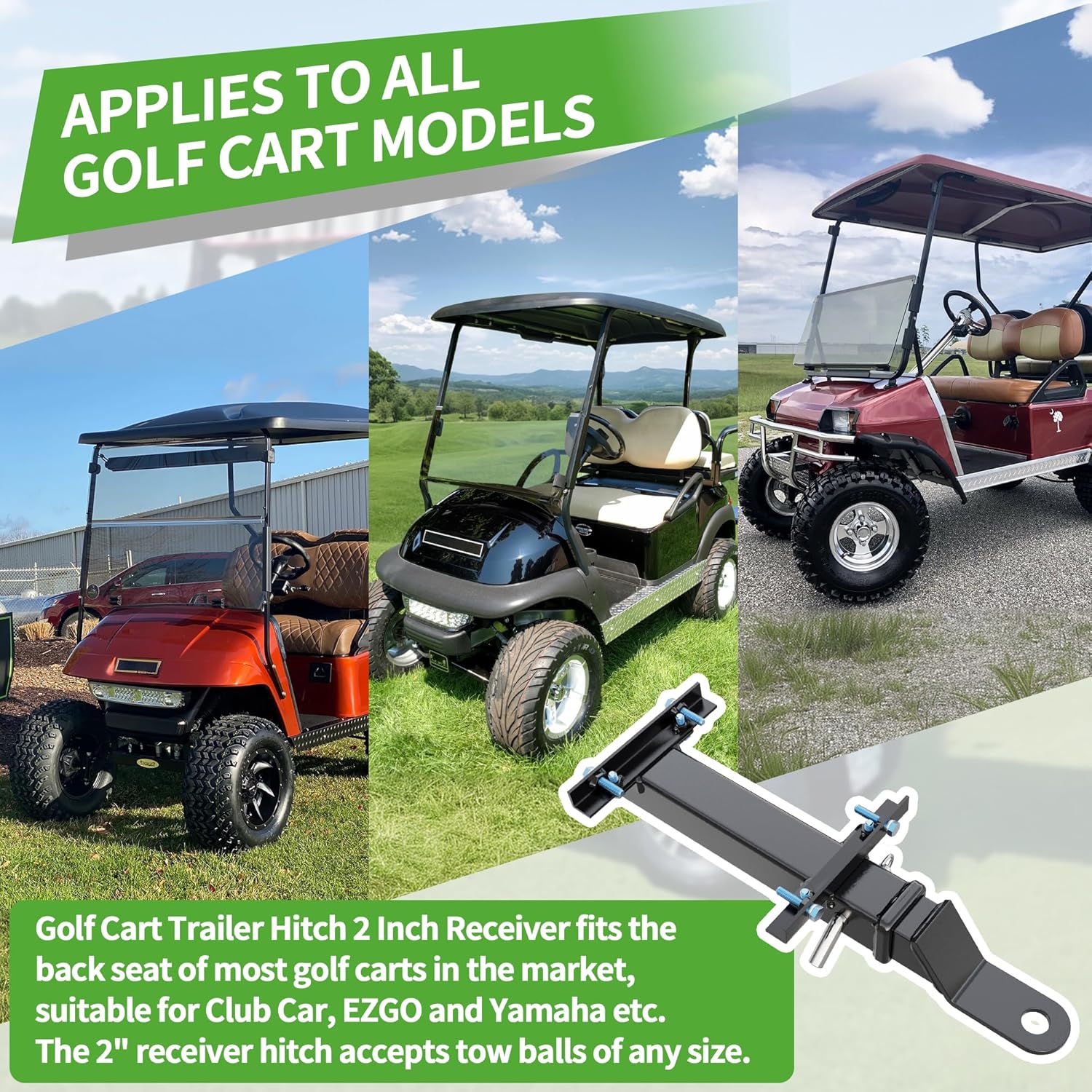 10L0L Heavy Duty Golf Cart Trailer Hitch Kit with 2" Receiver for Yamaha, EZGO, Club Car - Easy Installation