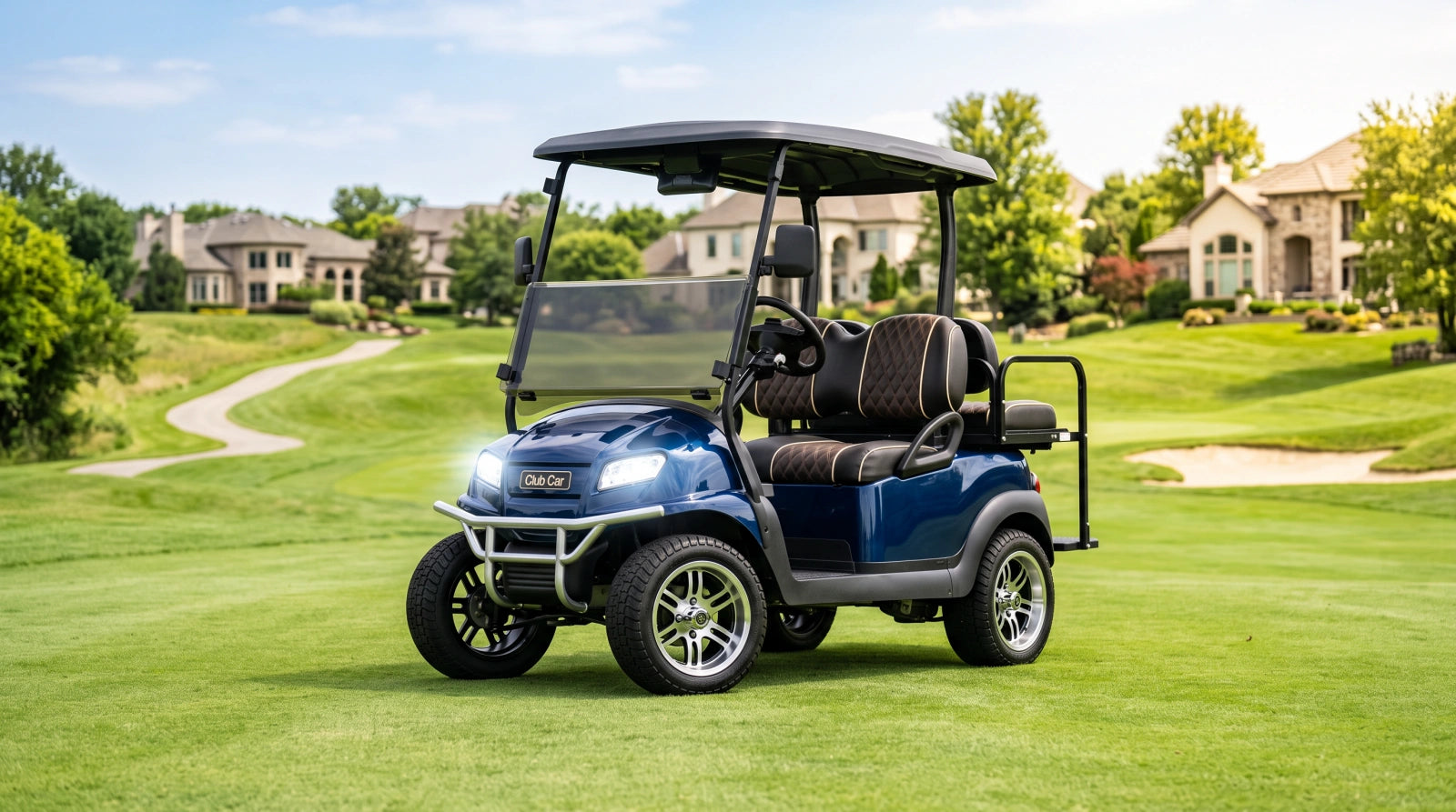 A modern Club Car Precedent golf cart is parked on a sunny, manicured fairway at the edge of an upscale residential neighborhood, featuring visible upgrades such as LED headlights, custom wheels, and premium seat covers.