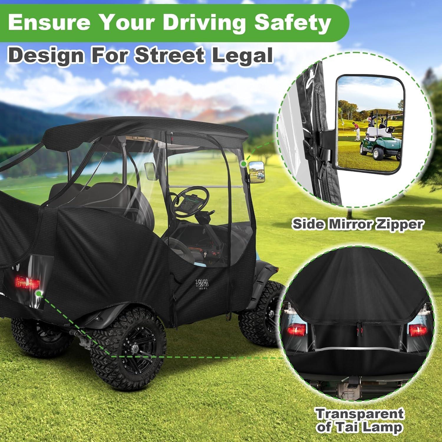 Golf Cart Rain Cover 4 Passenger for Club Car Golf Cart Cover with Doors with Safety Side Mirror Openings - 10L0L