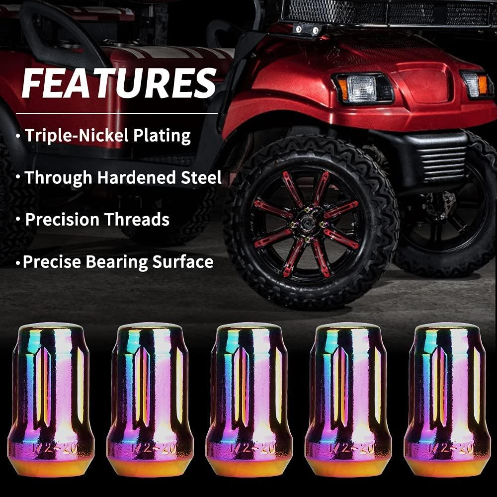 Colorful golf cart wheel lug nuts display effect