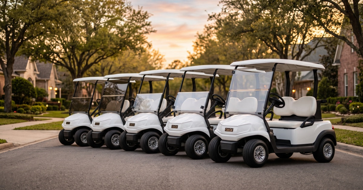 multiple golf carts on outdoor display