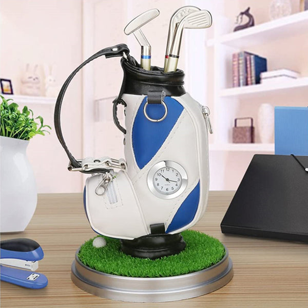 Blue Mini Desktop Aluminum Alloy Golf Bag Pen Holder with Golf Pens Clock Golf Souvenir Event Souvenir Novelty Gift